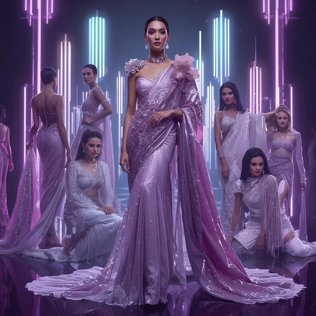 Frosted Orchid Fantasy Saree with Floating Neon Towers | Selfie Prompt