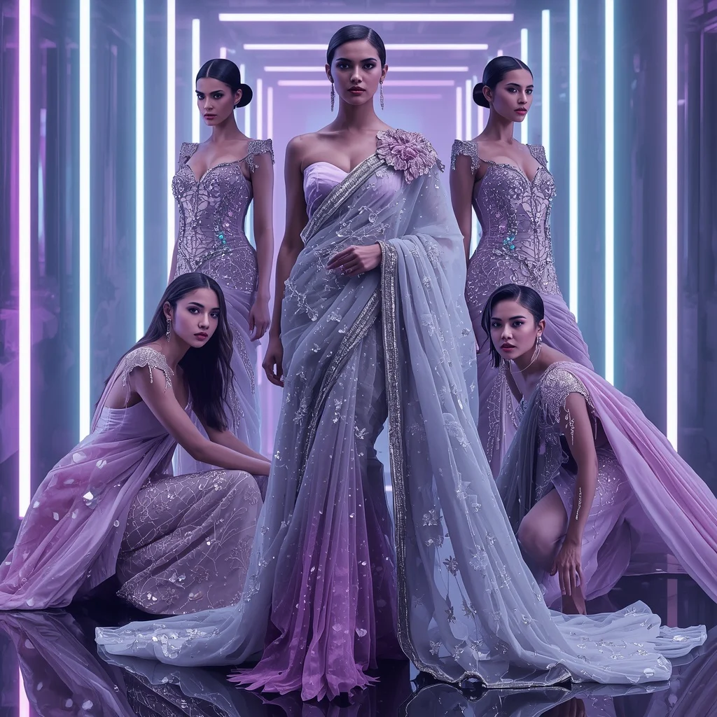 Frosted Orchid Majesty Saree with Floating Neon Corridors | Copy Paste Ai Prompt