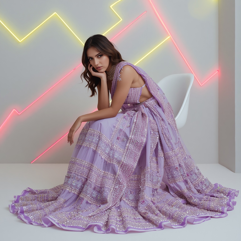 Fully Encrusted Holographic Gemstone & Thick Ribbon Pastel Lavender Saree | Dominant Chair Sit Pose | Anime Ai Prompt