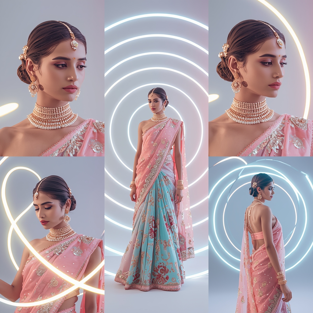 Futuristic Indian Woman Encircled by Multiple Glowing Pastel Aura Rings | Saree Woman Ai Prompt