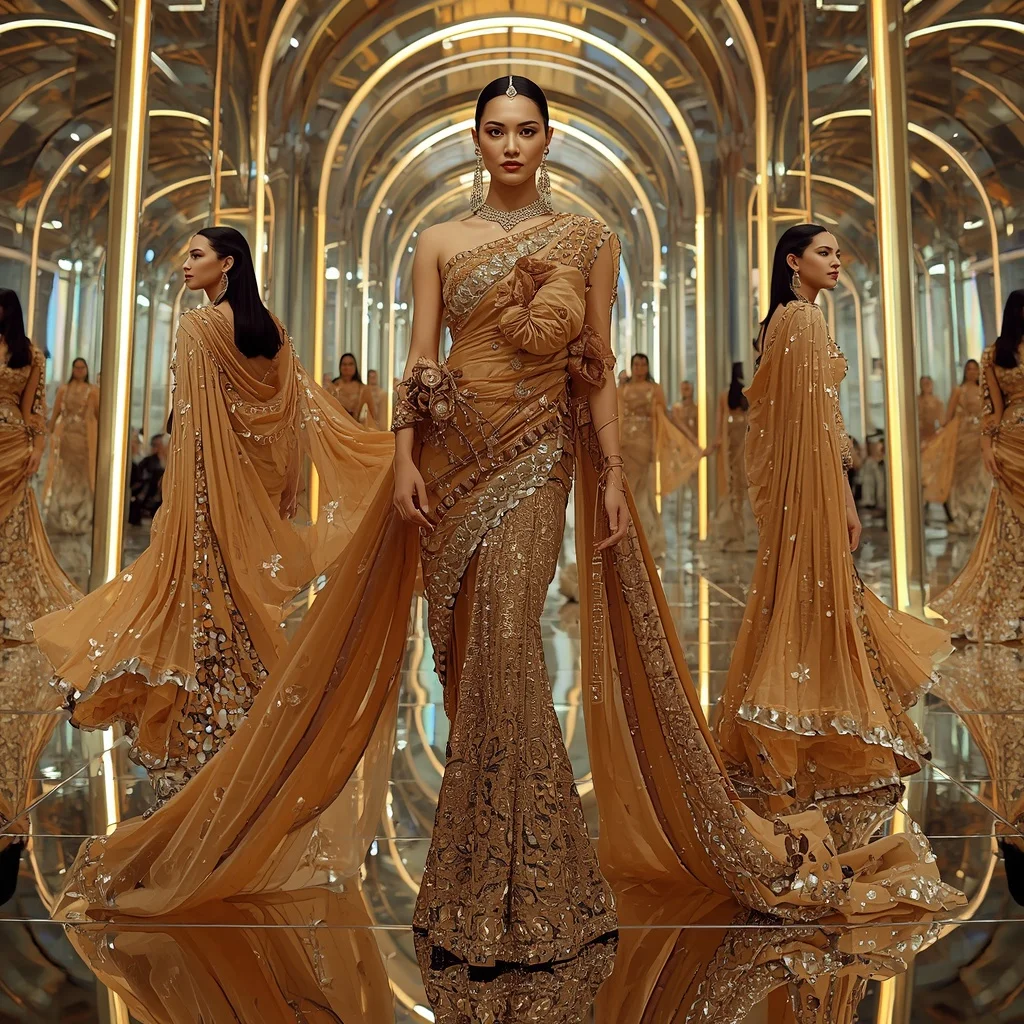 Golden Prism Empress Saree with Floating Mirror Cathedral Infinity Kingdom | Influencers Ai Prompt