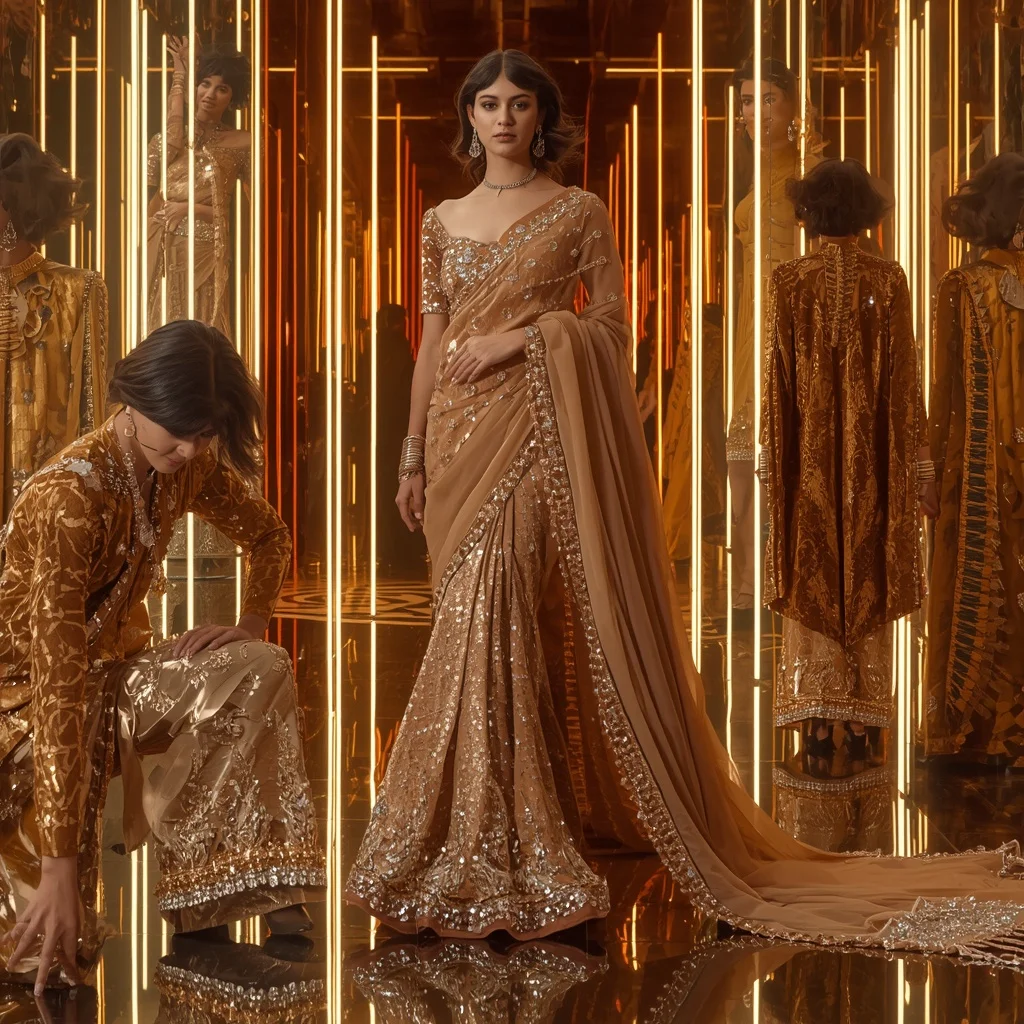 Golden Velvet Fantasy Saree with Neon Reflection Towers | Cinematic Ai Prompt
