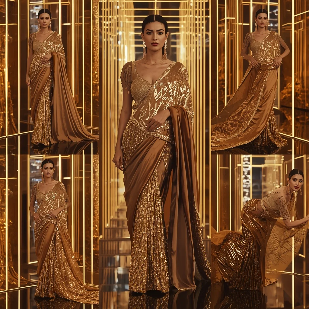 Golden Velvet Majesty Saree with Neon Reflection Corridors | Beautiful Woman Ai Prompt