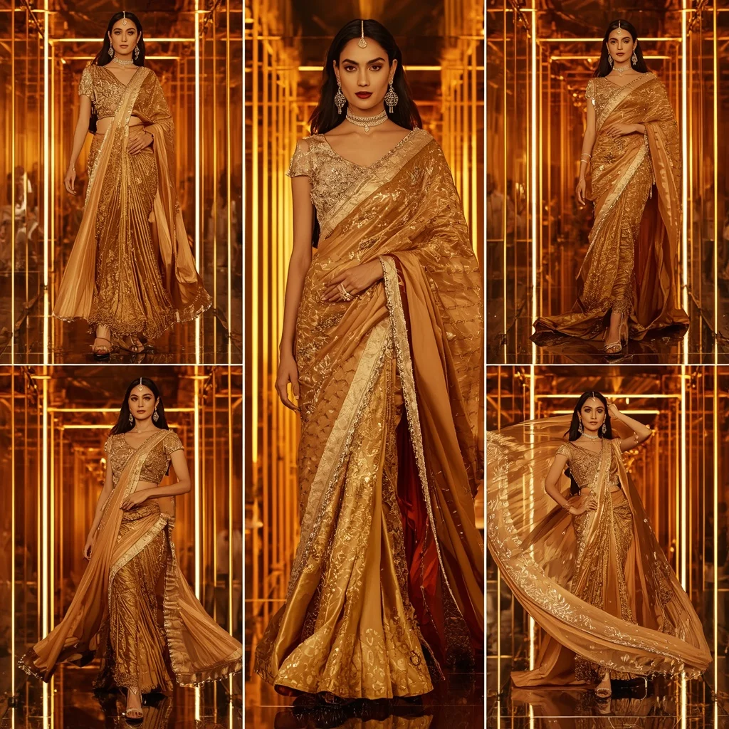 Golden Velvet Symphony Saree with Neon Reflection Corridors | Fashion Ai Prompt