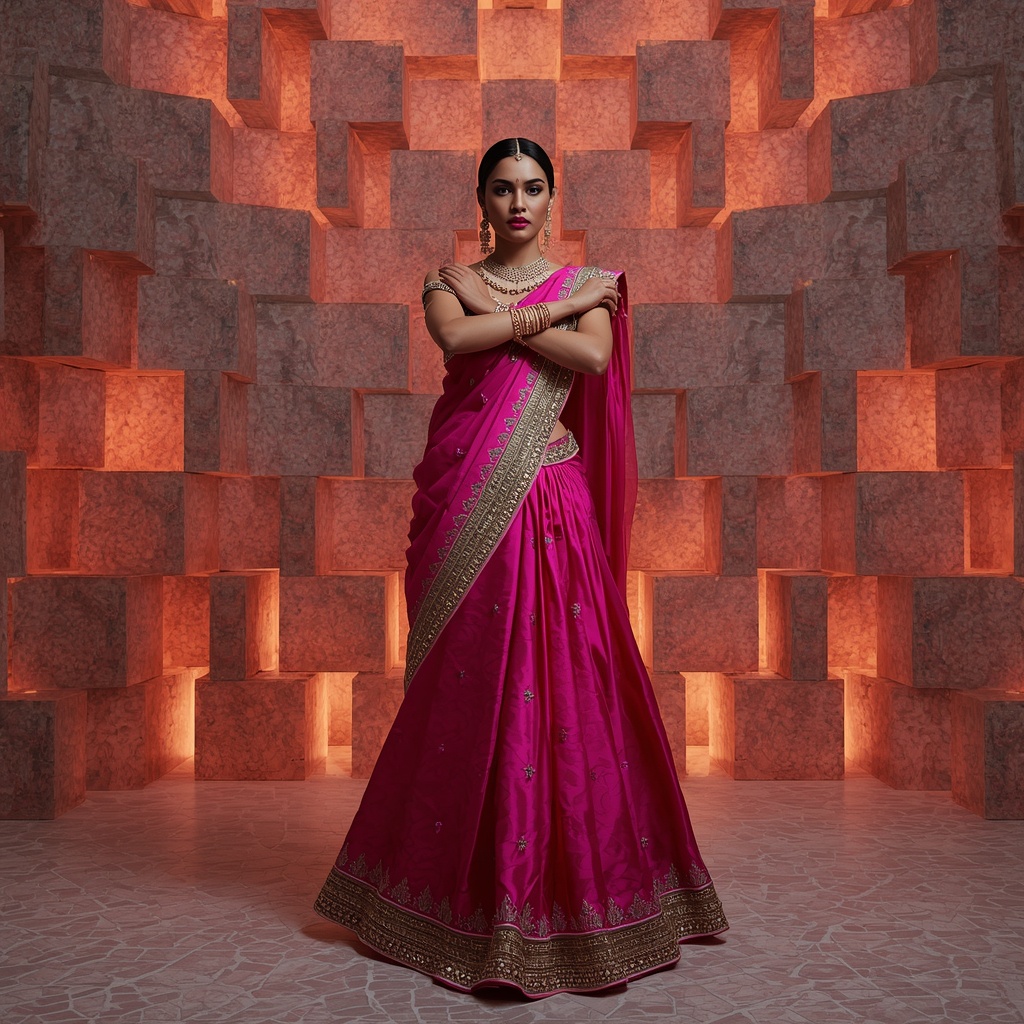 Heavy Kundan Armor & Silk Saree: Fuchsia Pink | The Crossed Arm Warrior Pose | Staggered Glowing Terrazzo Blocks | Ai Prompt