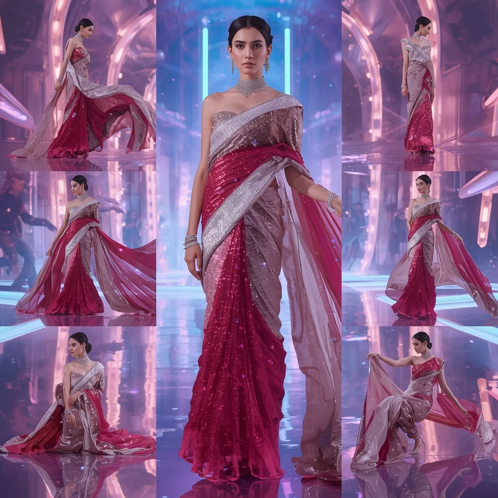 Holographic Dynasty Saree with RGB Infinity Crystal Universe Citadel | Traditional Saree Ai Prompt - Woman Pose AI Image Prompt