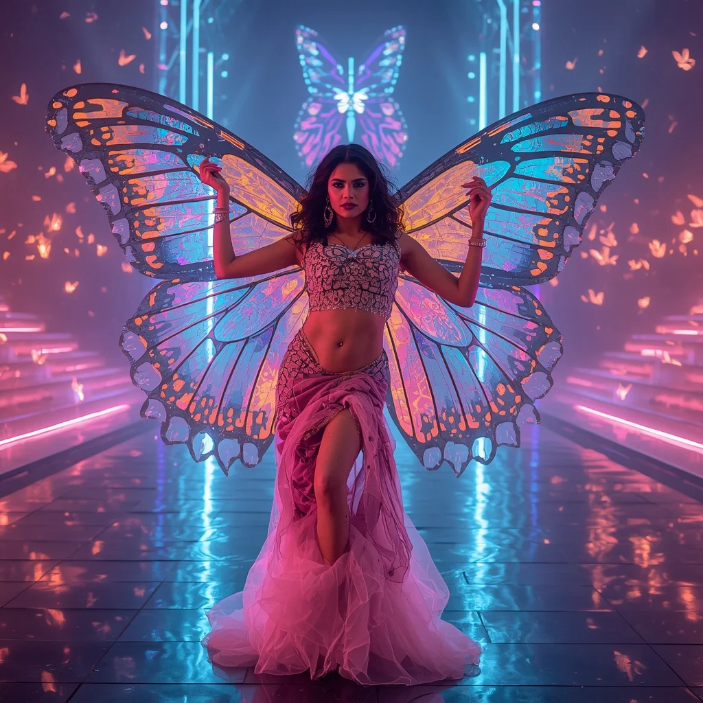 Holographic Ice Flame Butterfly Saree with Neon Aurora Arena Background | Profile Picture Ai Prompt