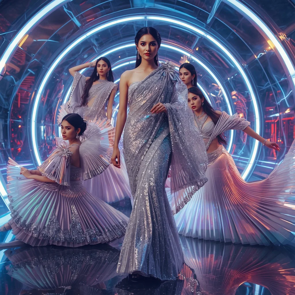 Holographic Royal Mirage Saree with Celestial Neon Infinity Dome | Ai Prompt
