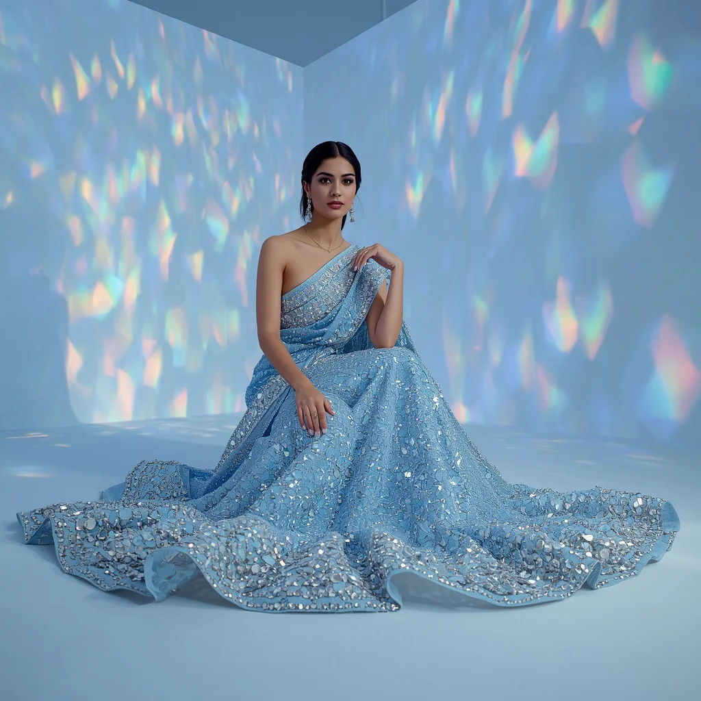 Ice Blue Heavy Mirror Work Saree with Fierce High-Fashion Squat Pose | Romantic Ai Prompt