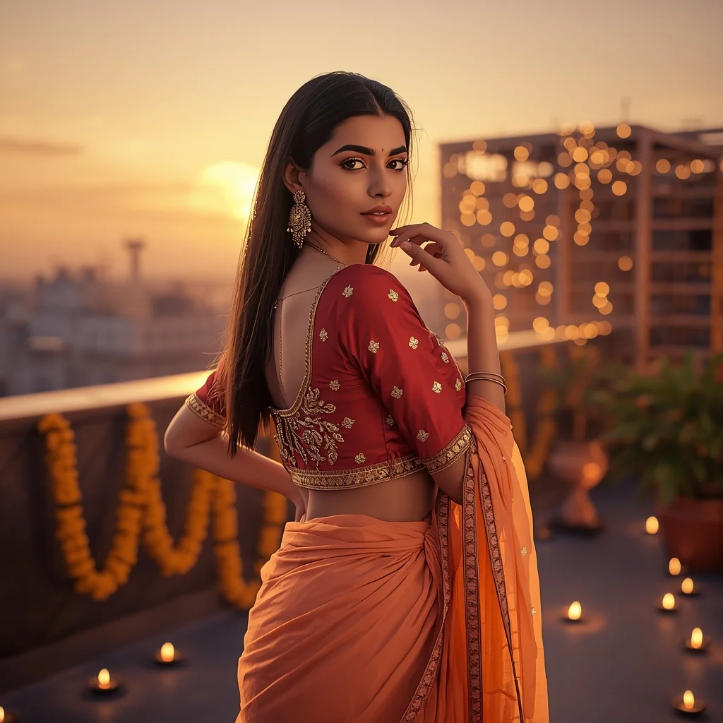 Indian Festive Golden Hour – Rooftop Celebration Glow | Festival Prompt - Woman Pose AI Image Prompt