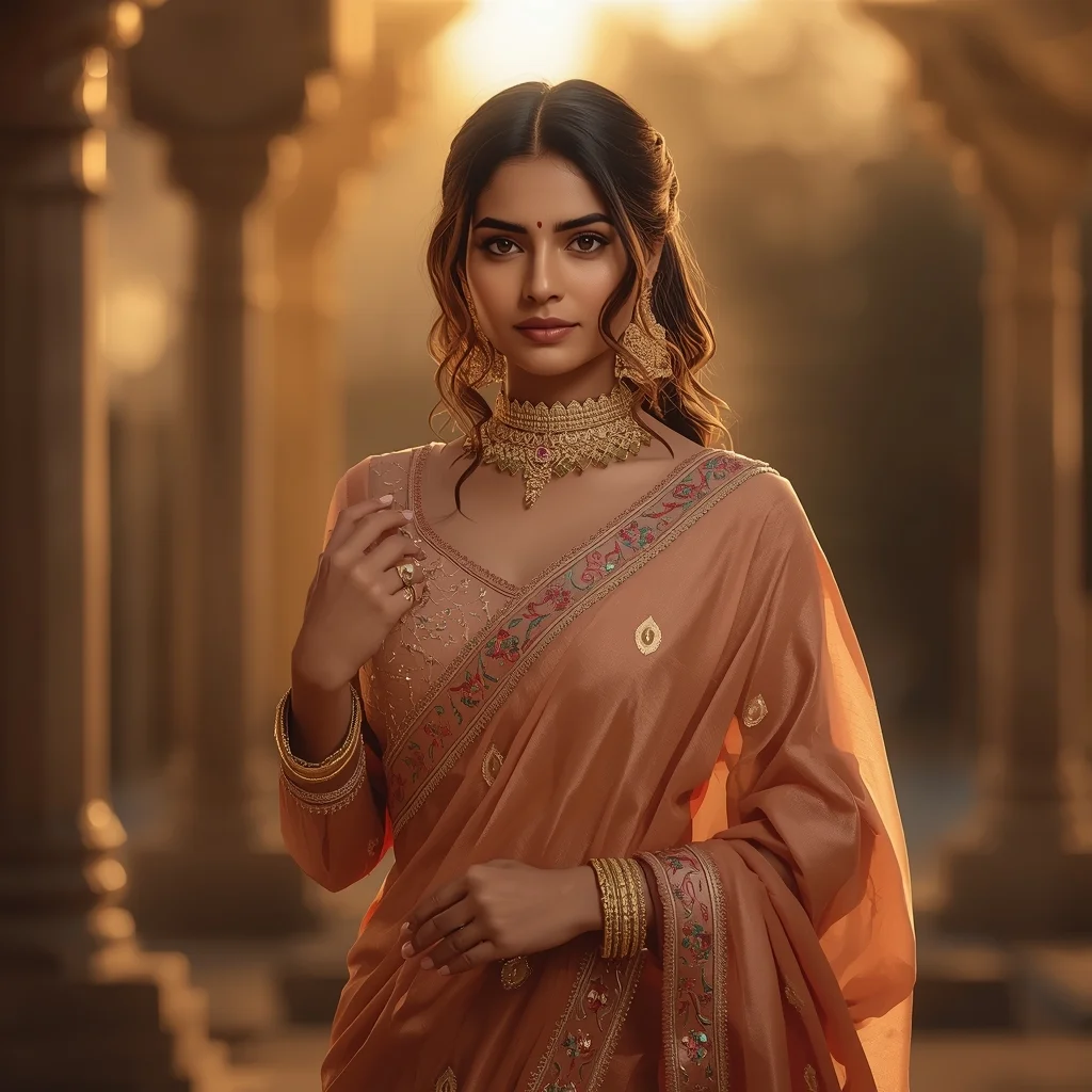Indian Festive Golden Hour – Soft Royal Mood | Gemini Image Prompt - Woman Pose AI Image Prompt