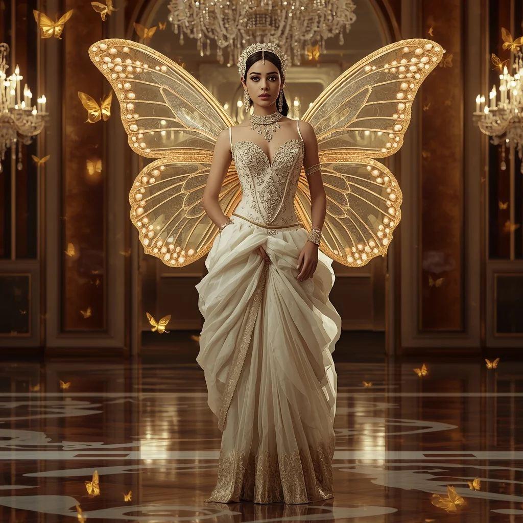 Ivory Gold Butterfly Saree with Royal Fantasy Opera Hall Background | Gemini Photo Prompt