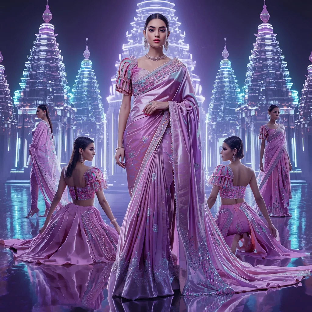 Lavender Aurora Majesty Saree with Dynamic Neon Temples | Cute Girl Ai Prompt