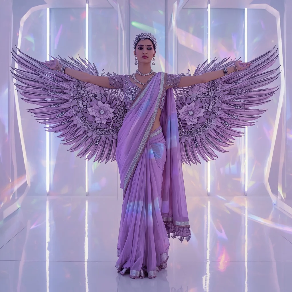 Lavender Frost Heavy 3D Silver Acrylic Floral Saree with Dramatic Winged Pallu Pose | Anime Ai Prompt