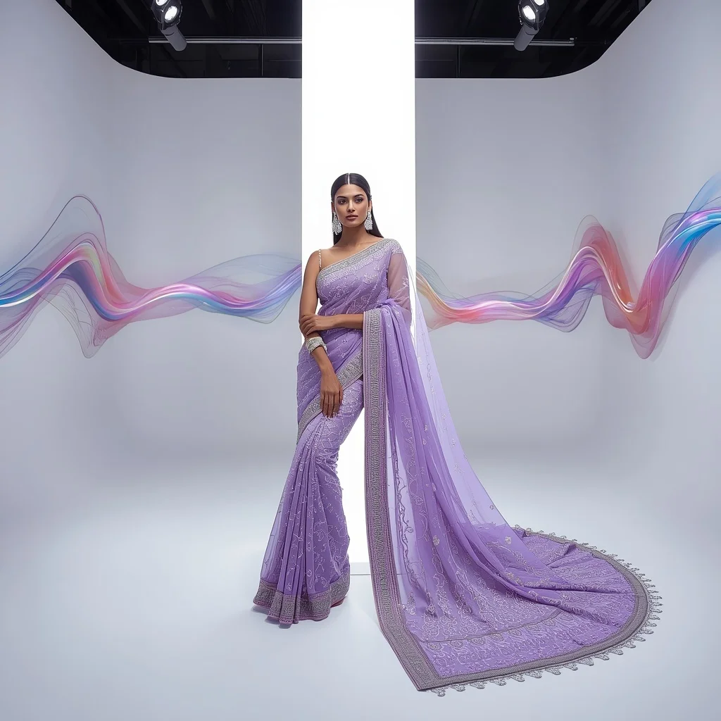 Lavender Frost Heavy Cutdana Saree with Resting Against LED Pillar Pose | Instagram Carousel Ai Prompt