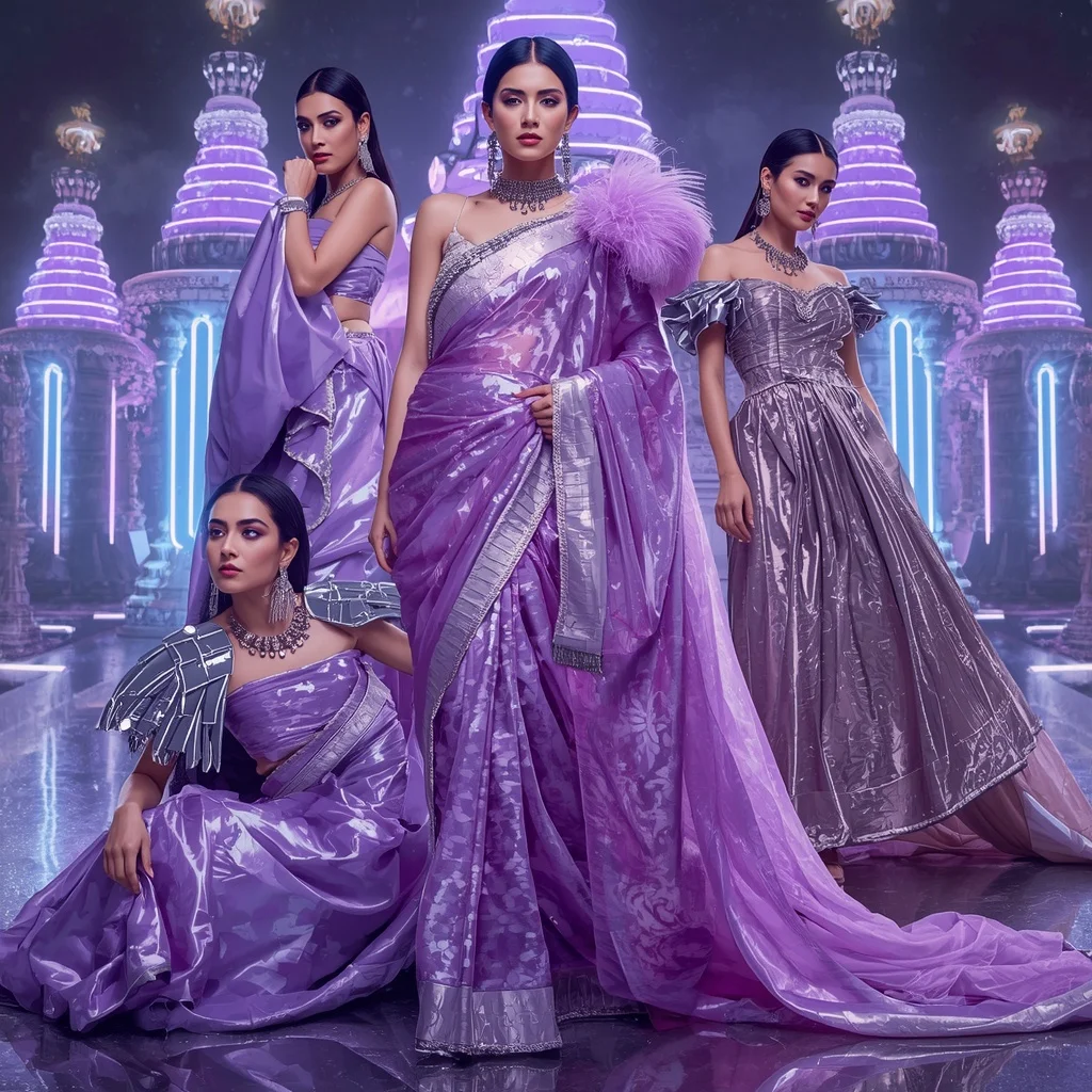Lavender Galaxy Fantasy Saree with Dynamic Neon Temples | ChatGPT Ai Prompt