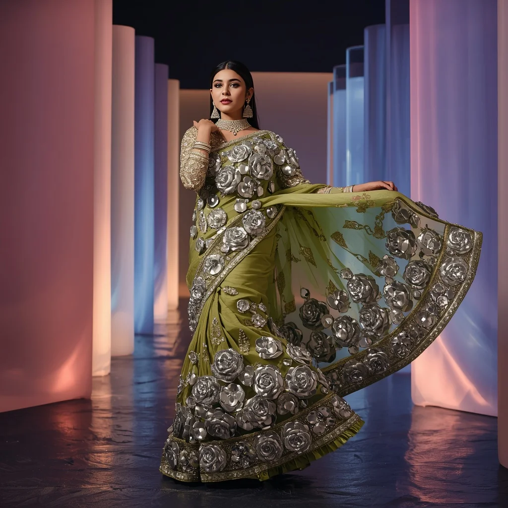 Luxury 3D Metallic Rose & Mirror Festival Saree for Social Media | Saree Girl Ai Prompt