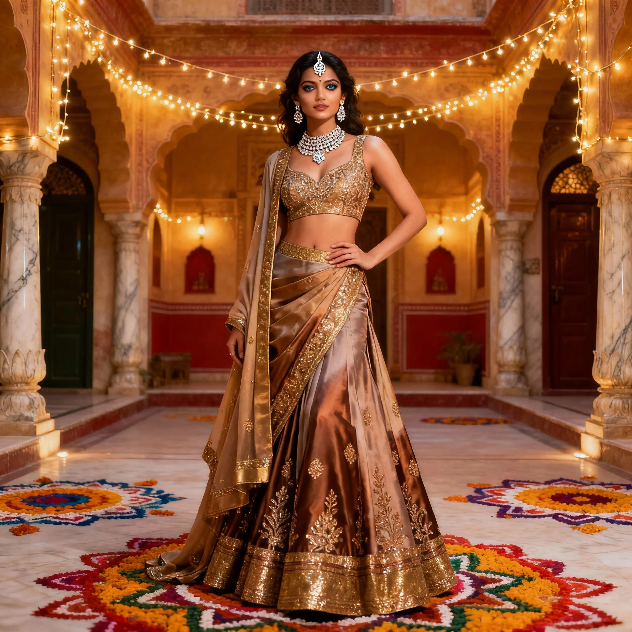 Luxury Indian Festive Look – Haveli Evening Glow | Dall-e Prompt - Woman Pose AI Image Prompt