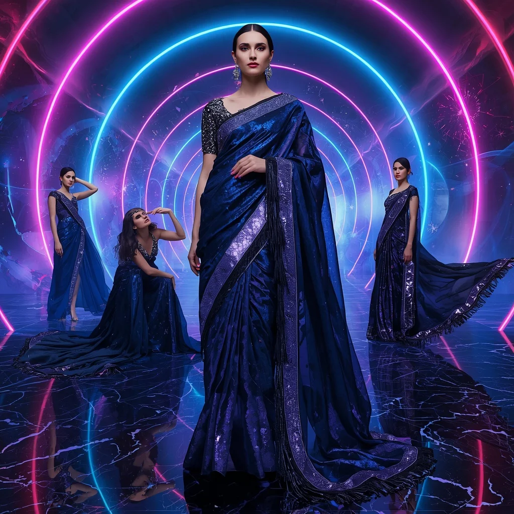 Midnight Sapphire Cosmic Saree with Neon Orbit Infinity Kingdom | Free Ai Prompt