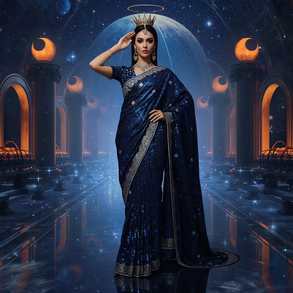 Midnight Sapphire Solar Eclipse Hyperqueen Saree with Ribbon Crown Omnidome Ultra | Ai Image Prompt