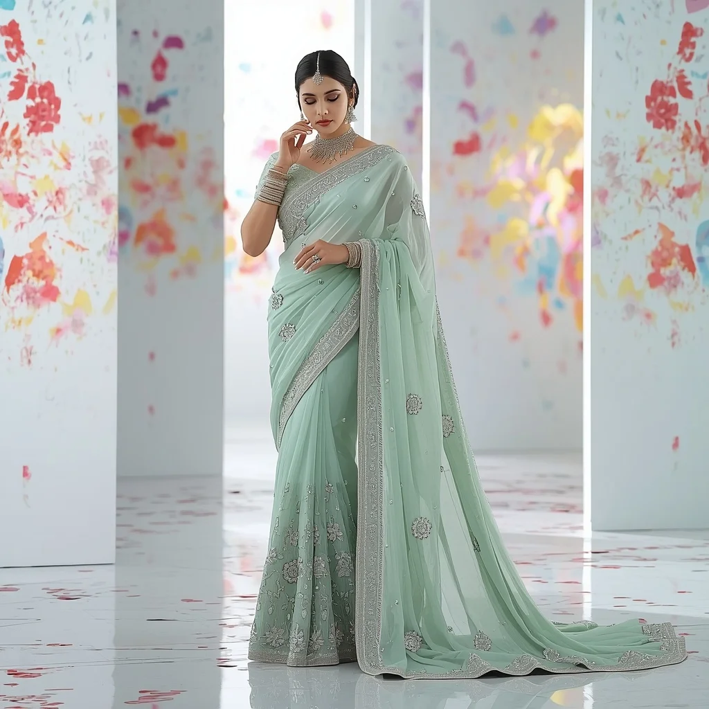 Mint Green Thick Zardosi Saree with Delicate Adjusting Bangles Pose | Viral Instagram Ai Prompt