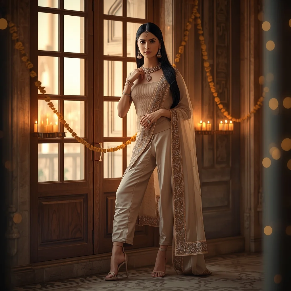 Modern Indian Festive Elegance – Heritage Window Light | Prompt For Gemini - Woman Pose AI Image Prompt