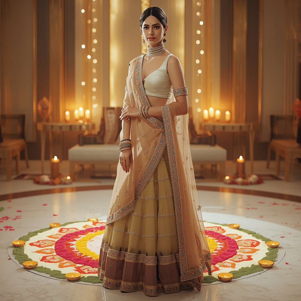 Modern Indian Festive Glam – Rangoli Floor Spotlight Pose | Viral Instagram Ai Prompt