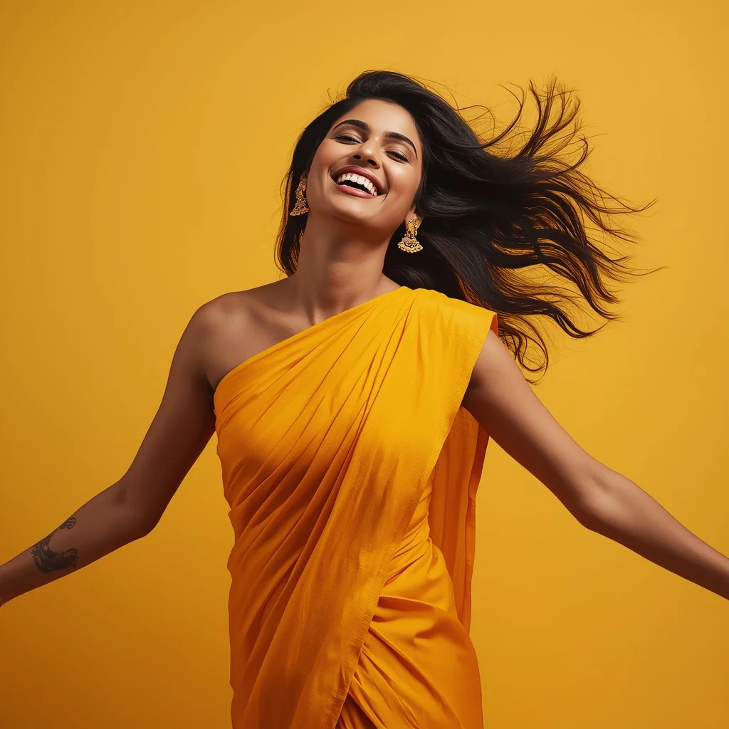 Modern Indian Joyful Reel Motion Pose | Gemini Photo Prompt - Woman Pose AI Image Prompt
