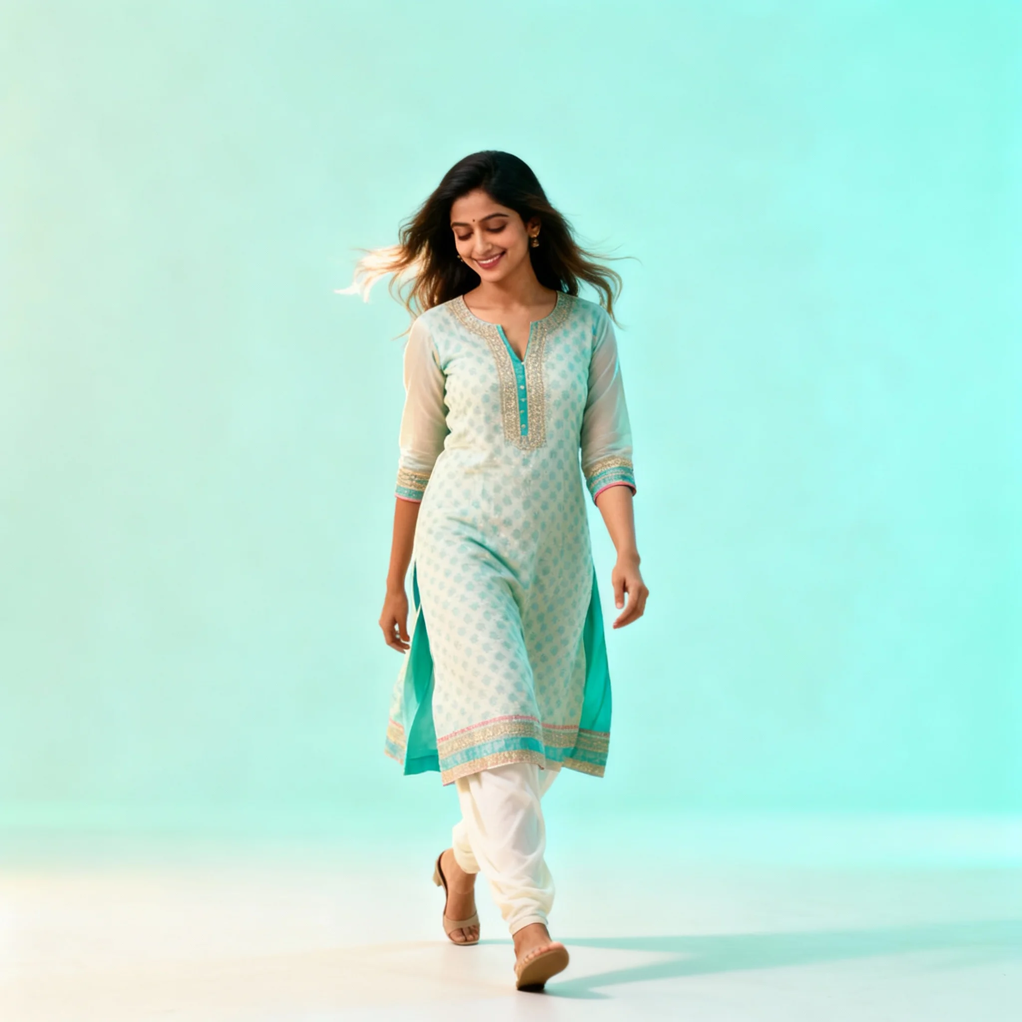 Modern Indian Viral Reel Look-Down Smile Walk Pose | Realistic Ai Prompt - Woman Pose AI Image Prompt
