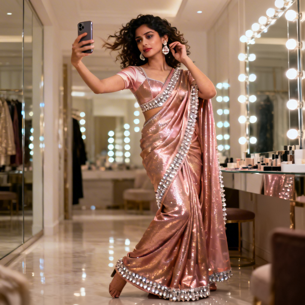 Modern Saree “Mirror Selfie + Hip Tilt” Indian Viral Pose | Top Gemini Ai Prompt