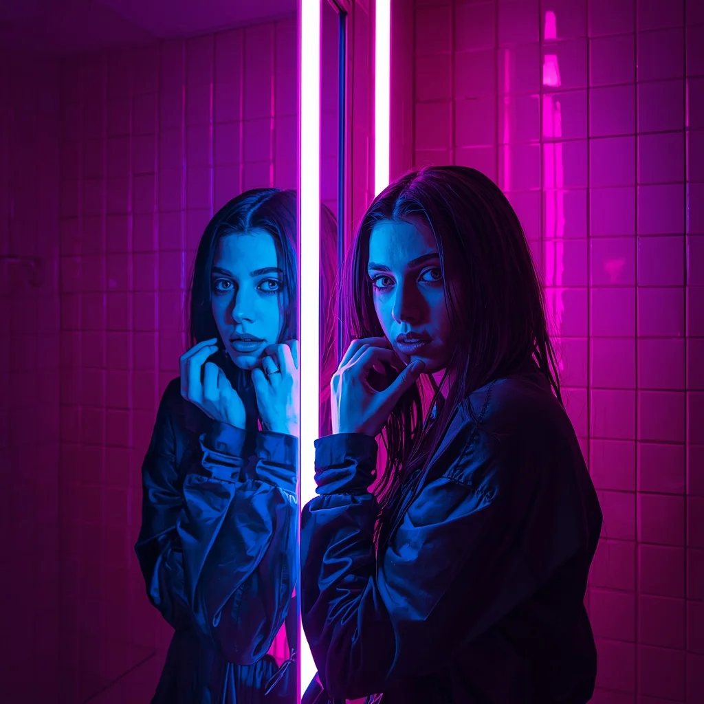 Neon Bathroom Doppelgänger | Gemini Prompt Generator - Woman Pose AI Image Prompt