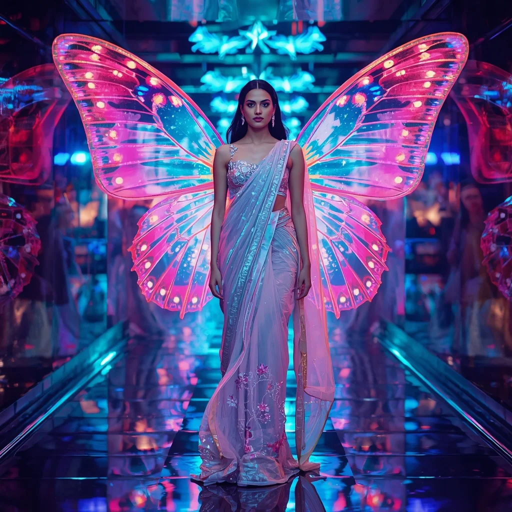 Neon Butterfly Mirage Couture Saree with Futuristic Prism Tunnel Background | Instagram Model Ai Prompt