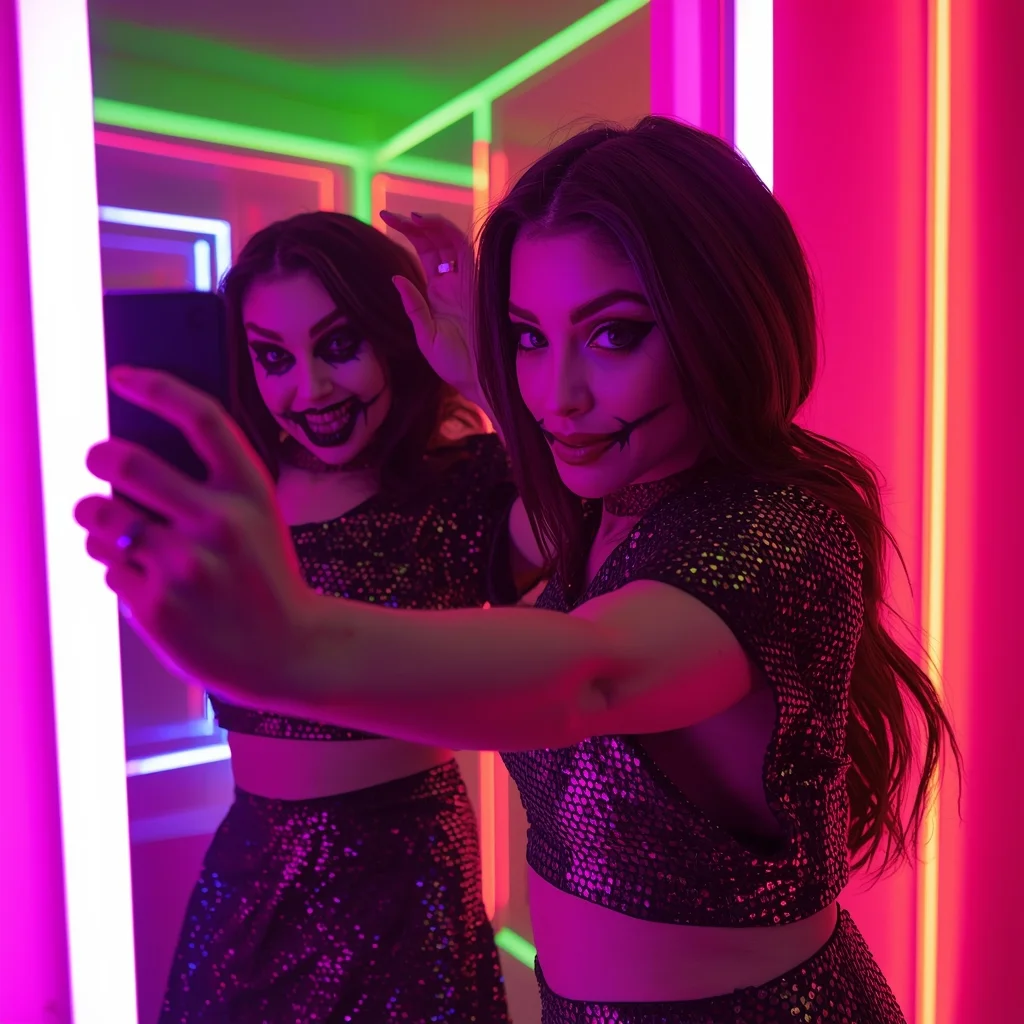 Neon Room Possessed Selfie | Fashion Ai Prompt - Premium Art AI Image Prompt