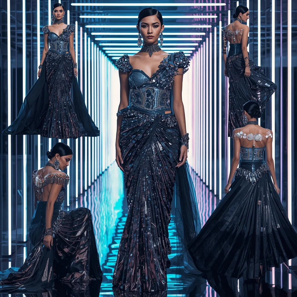 Obsidian Moonfire Fantasy Saree with Holographic Infinity Hallways | Ai Prompt