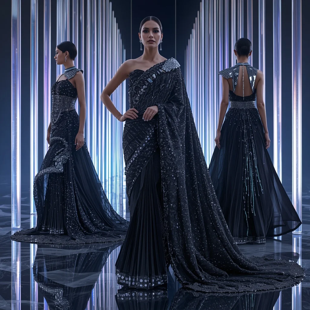 Obsidian Moonfire Mirage Saree with Holographic Infinity Cathedrals | Ai Prompt - Woman Pose AI Image Prompt
