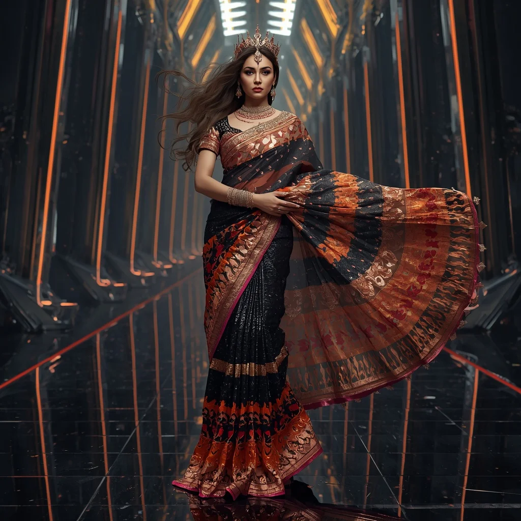 Obsidian Rose Solar Hypercrown Saree with Blade Crown Omniverse Atrium | Trending Ai Prompt