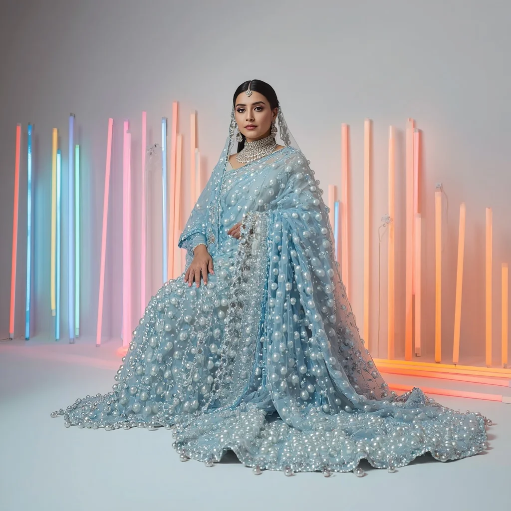 Pastel Blue Ultra-Heavy Pearl and Crystal Drenched Saree with Dramatic Knee-Drop Fashion Pose | Sora Ai Prompt
