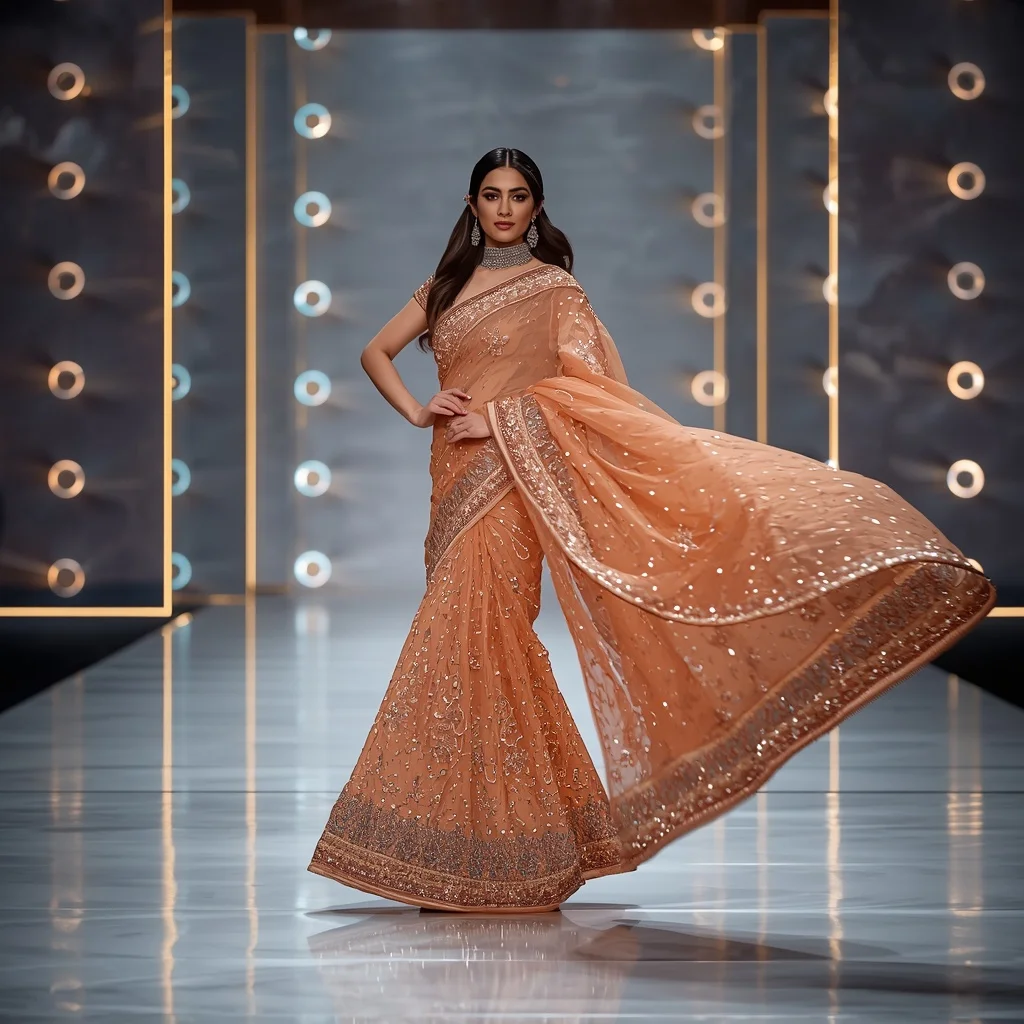 Pastel Orange Heavy Shimmering Crystal Saree with Sweeping Side Step Blur | Image To Prompt