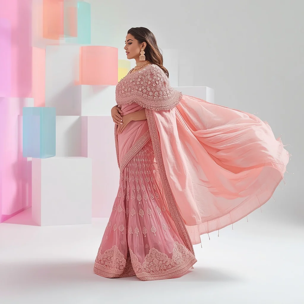 Pastel Pink Ultra-Heavy Jeweled Cape Saree with Wind-Blown Side Profile | Ai Selfie Prompt