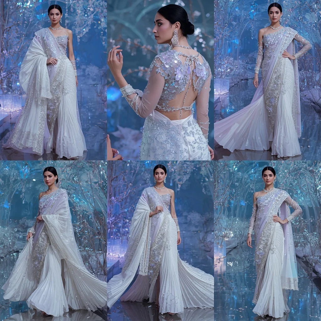 Pearl Moonlight Fantasy Saree with Floating Crystal Garden Infinity Universe | Modern Design Ai Prompt