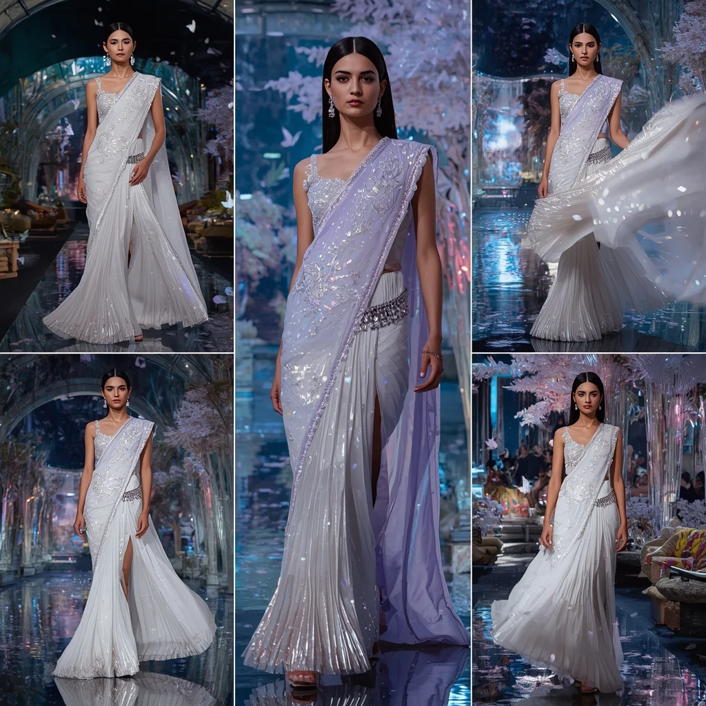 Pearl Moonlight Hologram Saree with Floating Crystal Garden Empire | Fantasy Ai Prompt