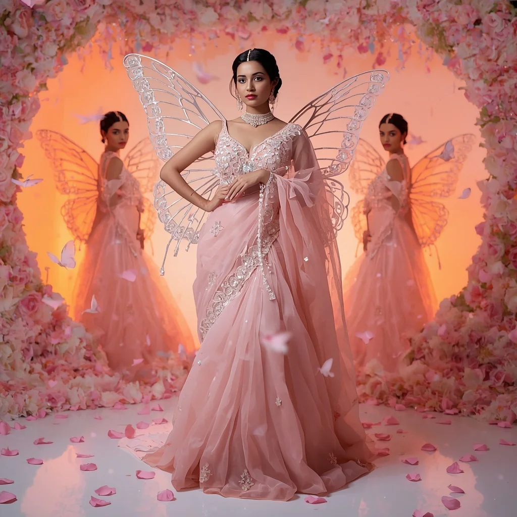 Pearl Pink Butterfly Couture Saree with Multi Pose Fantasy Studio and Floral Glow Background | Profile Picture Ai Prompt