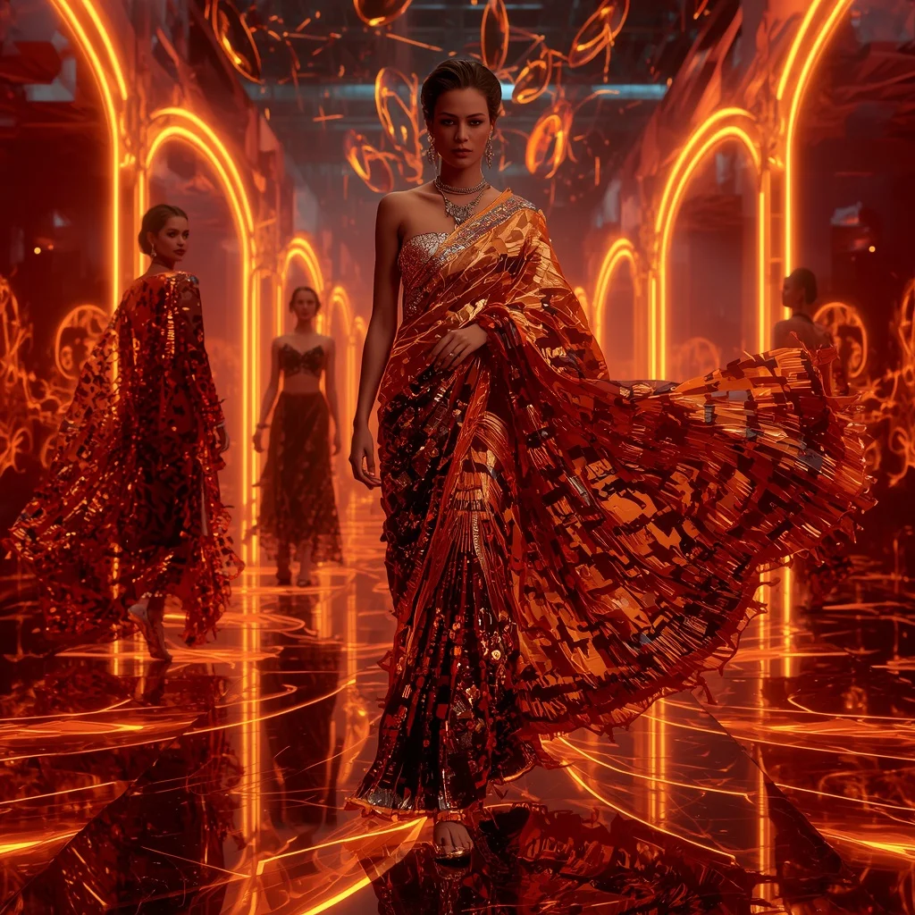 Phoenix Blaze Metallic Saree with Lava Neon Infinity Universe | Viral Instagram Ai Prompt - Woman Pose AI Image Prompt