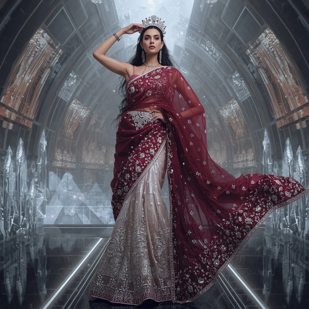Platinum Garnet Solar Infinity Hyperempress Saree with Diamond Crown Omniverse Citadel | Desi Girl Ai Prompt
