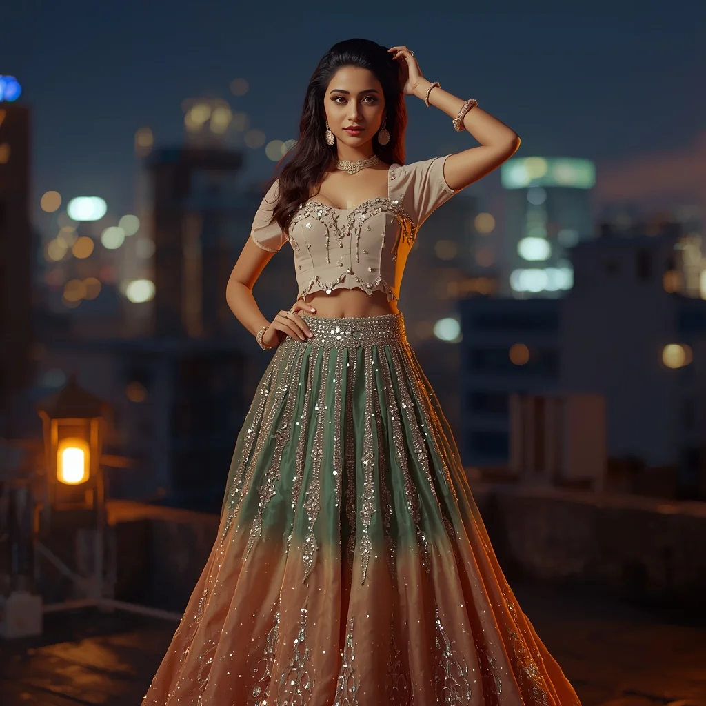 Rooftop Night Glam with City Lights & Modern Lehenga Shine | Chat Gpt Prompt For Saree Look - Woman Pose AI Image Prompt