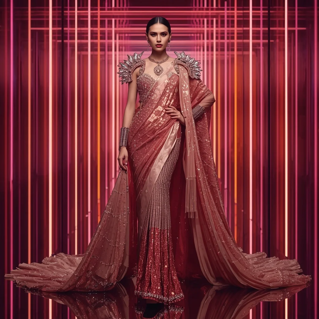 Rose Gold Phoenix Majesty Saree with Infinite Prism Corridors | Attitude Ai Prompt