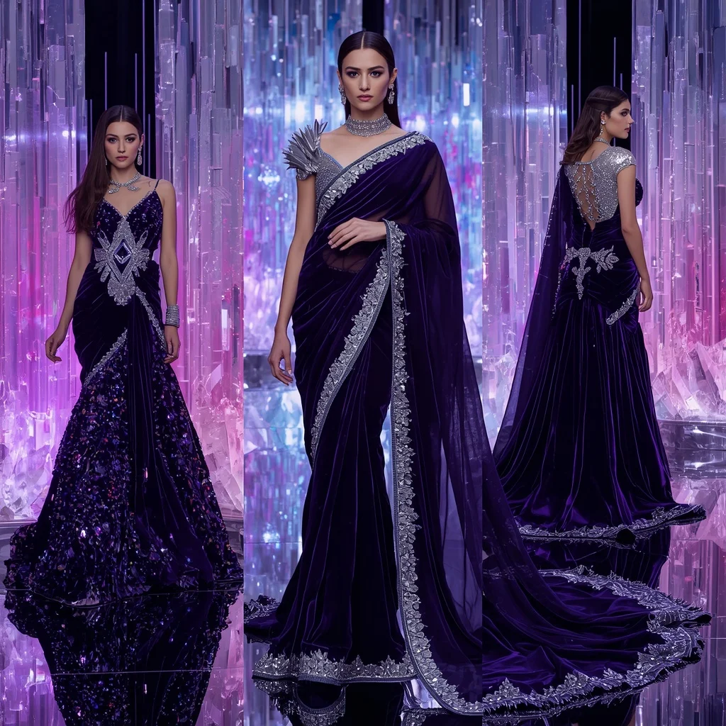 Royal Velvet Diamond Majesty Saree with Infinite Crystal Domes | Free Ai Prompt