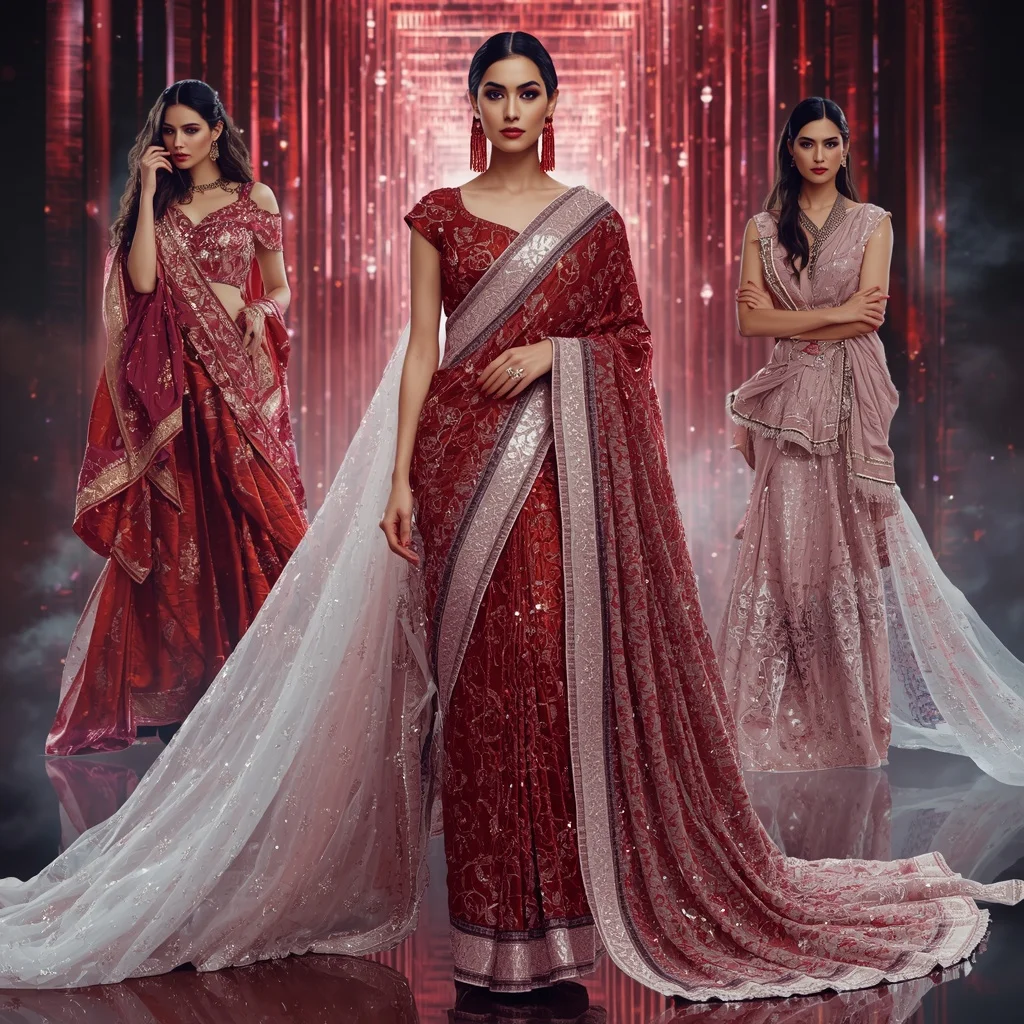 Ruby Ice Dynasty Saree with Floating Aurora Corridors | Gemini Ai Photo Prompt