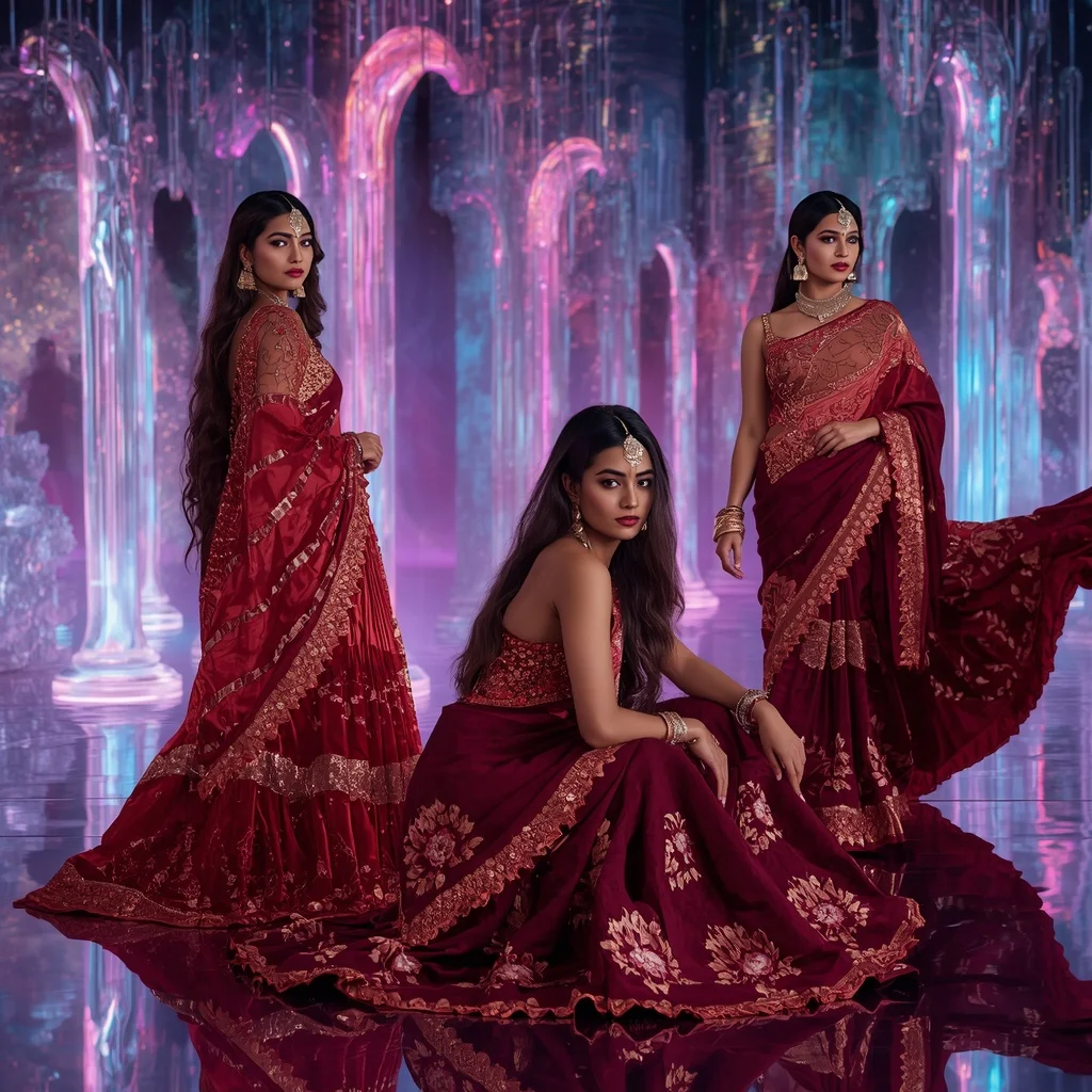 Ruby Inferno Fantasy Saree with Neon Crystal Water Galaxy | Ai Prompt For Social Media