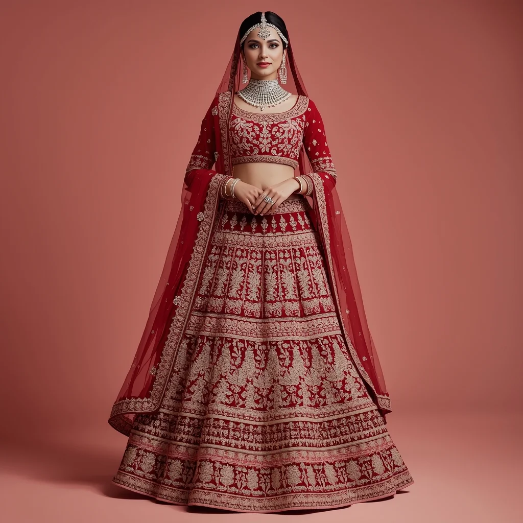 Ruby Red Bridal Lehenga – Ultra Royal Wedding Theme | Gemini Prompt Image